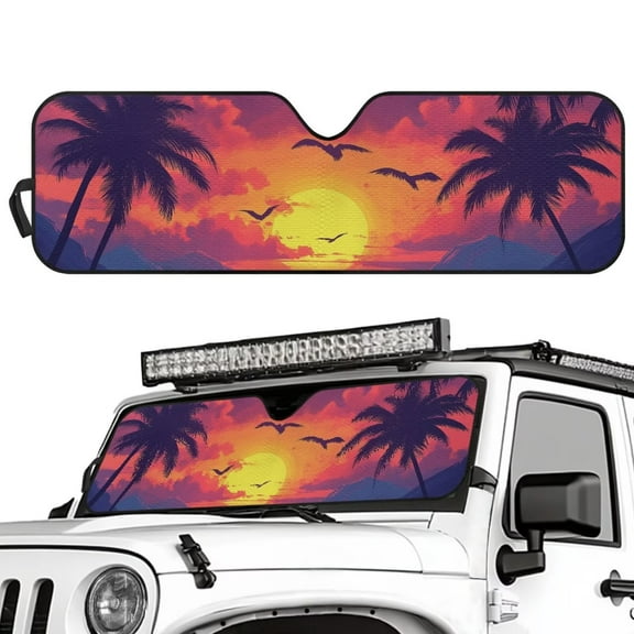 Binienty Car Windshield Cover Sun Shade Compatible with Jeep Wrangler TJ JK JL Hawaiian Palm Tree Sunset Windshield Sunshade for Jeep Gladiator JT UV Rays Reflector Window Sun Blocker 52x16 Inches