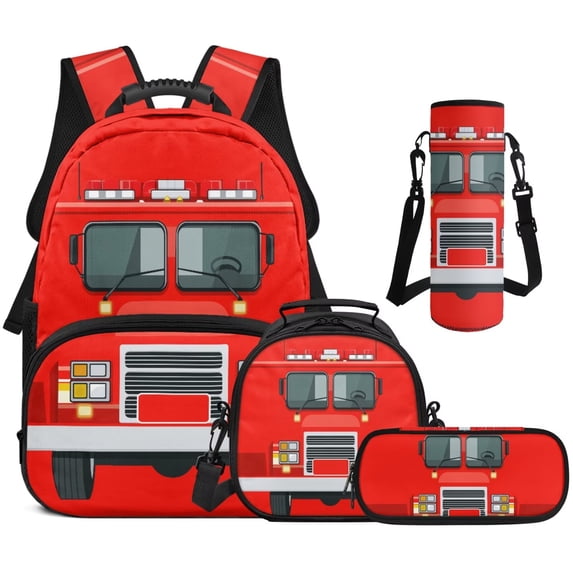 Binienty Cartoon Fire Truck 4 PCS Backpack With Matching Lunchbox Set For Boys 6-8 Zipper School Backpack With Laptop Compartment Lunchbag Small Pencil Pouch Middle School Students Supplies