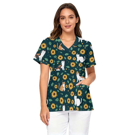 Binienty Cat and Sunflower Pattern Workwear for Nurses Stretchy V Neck Nursing Top with Pockets for Medical, Healthcare, Hospital