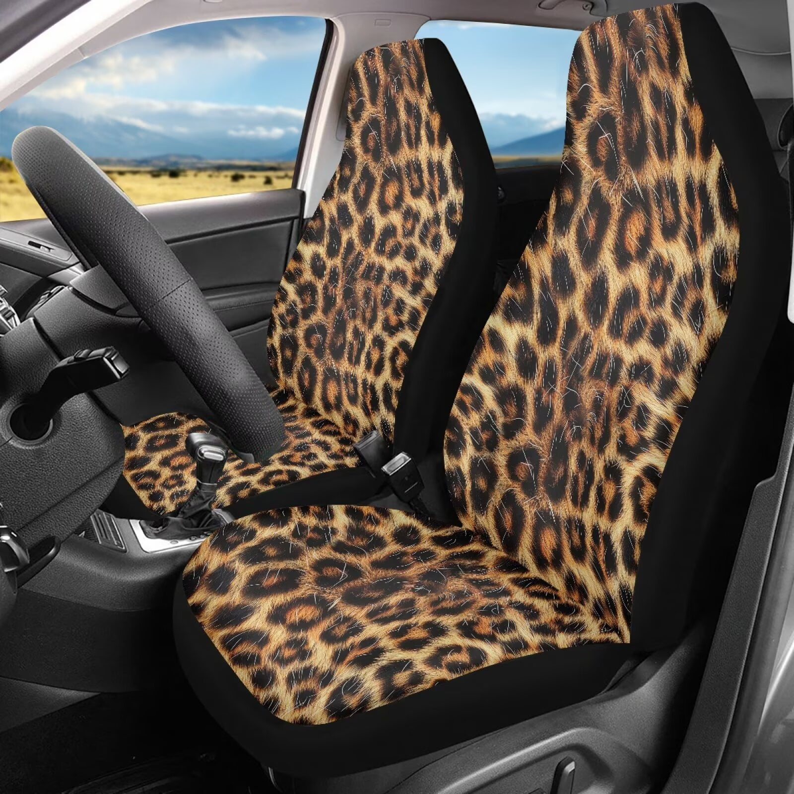 Binienty Cheetah Print Car Seat Covers & Accessories Front Seats Thickened Cloth Bucket Seat Covers Anti-Slip Washable Breathable Easy Install Vehicle Interior Protectors