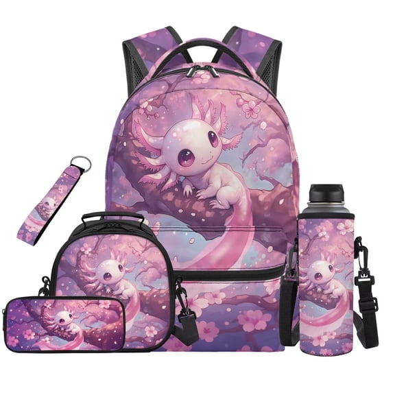 Binienty Cherry Blossom Axolotl Backpack And Lunch Box Set For Elementary School Girls 17 Inch Backpack With Lunchbox Pencil Pouch Water Bottle Sleeve Keychain Back to School Gifts for Students