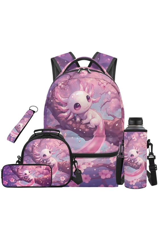 Cherry Blossom Axolotl Backpack And Lunch Box Set For Elementary School Girls 17 Inch Backpack With Lunchbox Pencil Pouch Water Bottle Sleeve Keychain Back to School Gifts for Students