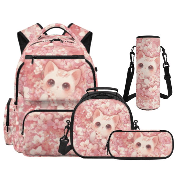 Binienty Cherry Blossom & Cute Cartoon Cat Pattern 4 Pack Kids Backpack Set for Boys, Daypack Lunch Box Bag with Durable Pencil Bag Cup Protector Fit for Hiking