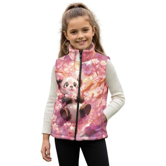 Binienty Cherry Blossom Panda Vest Jacket 3T Girls Toddler Warm Fuzzy Fluffy Outwear Coat Big Kids Comfy Thick Vest Cute Trendy Kids Fall Winter Coats