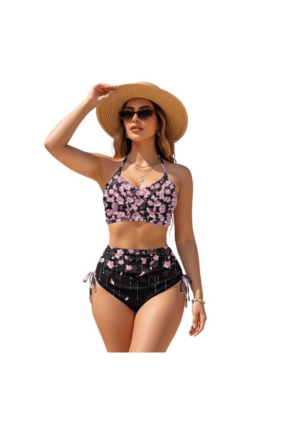 Cherry Blossoms Drawstring Swimsuit, High Waisted Drawstring Bikini Set 2 Piece Bathing Suits Halter Knot Front