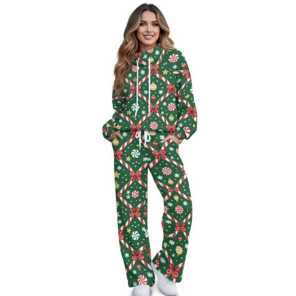 Binienty Christmas Candy Cane Print 2 Piece Outfits for Women, Mock Neck Sweatshirt Wide Leg Pants Loungewear Sets Winter Holiday Festive Tracksuits Matching Sweatsuit with Pockets