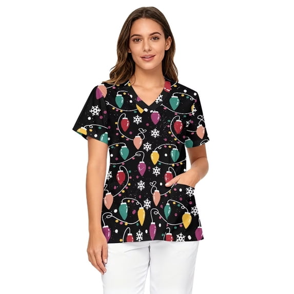 Binienty Christmas Light V-Neck Nursing Scrubs for Women Short Sleeve Breathable Medical Work Tops with 2 Pockets, Wrinkle Resistant Stretch Uniform Xmas Nurse Costume