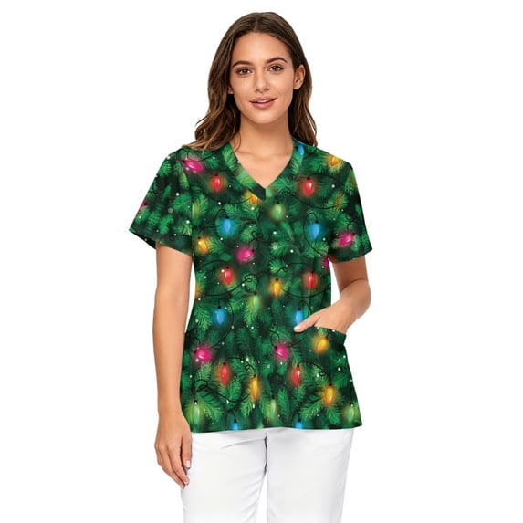 Binienty Christmas Lights Women's V-Neck Nursing Scrub Breathable Stretchy Short Sleeve Medical Uniform with Pockets, Wrinkle Resistant for Healthcare Workers