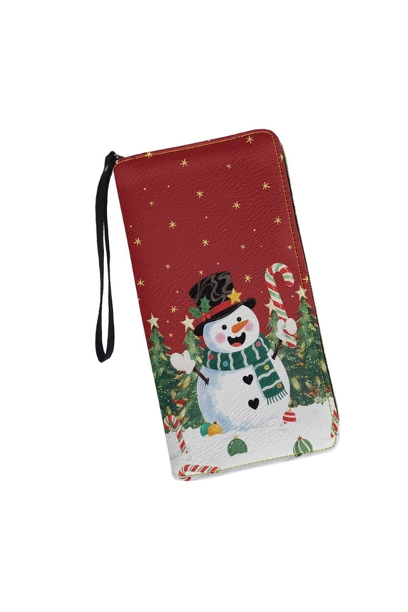 Christmas Snowman Women's Wallet Wristlet Ladies Phone Purse RFID Blocking Card Holder Grip Hand Strap Double Zip PU Leather Waterproof Handbag Purse Gifts