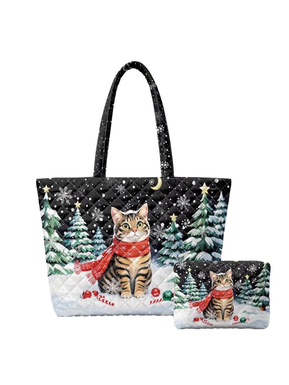 Christmas Tabby Cat Quilted Tote Bag Set 2 Piece for Women, Matching Cosmetic Pouch Padded Shoulder Bag with Large Capacity, Ideal for Holiday, Gift for Ladies