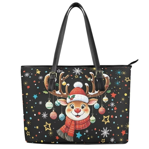 Binienty Christmas Tote Bags with Handles Reindeer Womens Handbag Lightweight Shoulder Bag PU Leather Waterproof Large Capacity Tote Purse Xmas Holiday Gift for Her