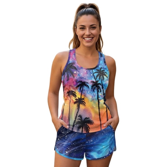 Binienty Colorful Coconut Tree Design Women's Tankini Shorts Set for ...