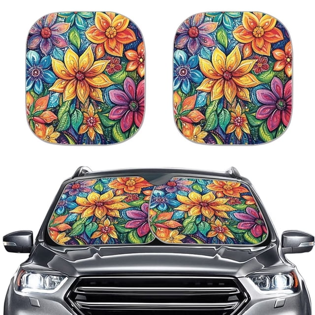 Binienty Colorful Floral Car Windshield Sun Shade Front Windshield Shade for Sun 2-Piece Foldable Car Windshield Sun Shade Automotive Front Window Sunshade Protector