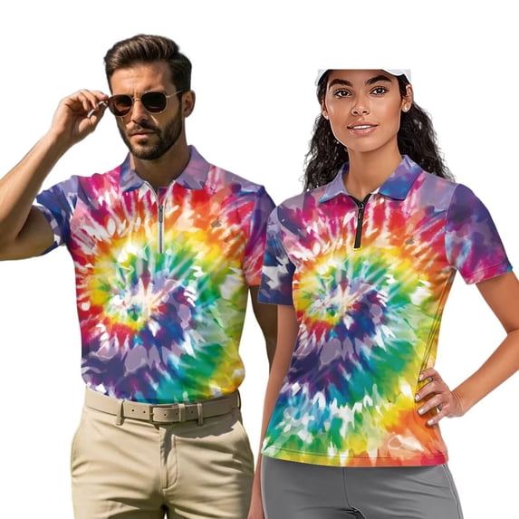 Binienty Colorful Tie-Dye Husband Wife Matching Shirts Stretchy Comfortable His and Hers Golf Shirts Zip Up Collar Short Sleeve Pullover for Tennis Hiking & Outdoor Sports