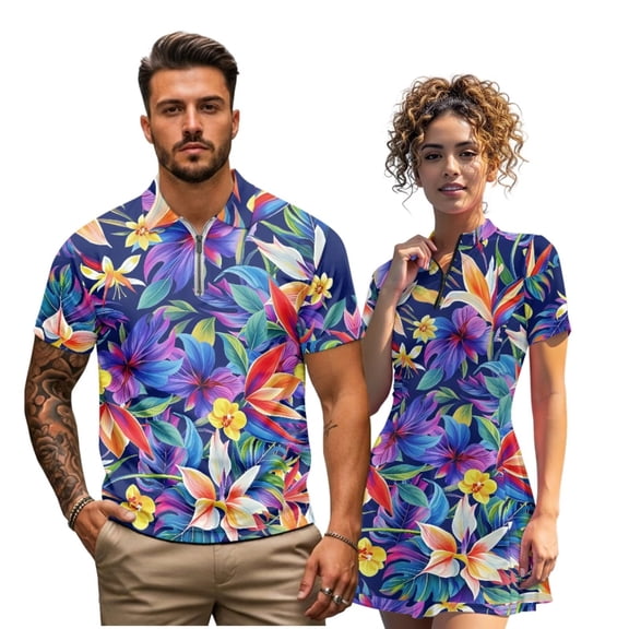 Binienty Colorful Tropical Flower Couples Matching Golf Outfits Fashionable Short Sleeve Matching Golf Shirt and Skort Set for Him and Her Zipper Golf Course Wear for Women and Men