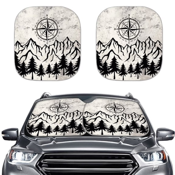 Binienty Compass Mountain Sun Visor for Car Windshield Foldable Reflective Sun Shade Windshield 2 Pack UV Rays Sunshield Blocker Universal Auto Interior Accessories