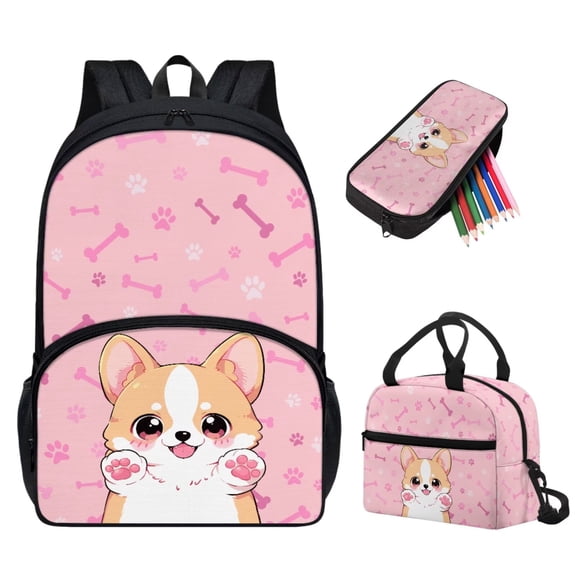 Binienty Corgi Backpack for Girls With Lunch Box Pencil Case, Dog Paw School Bookbag for Elementary School Girls Pink Schoolbag 17 Inch Anti Theft Shoulder Backpack