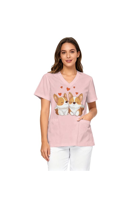 Corgi Print Medical Scrub Top Women Short Sleeve V-Neck, Comfortable Healthcare Uniform with Two Front Pockets for Nurses Doctors