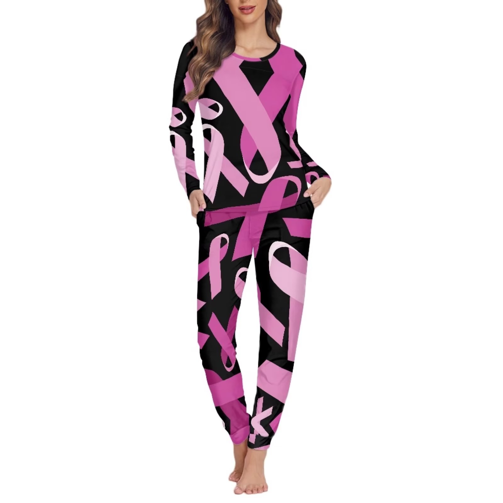 Binienty Cozy Up Women Sleepwear Pajamas Set Pink Satin Ribbon Breast  Cancer Long Sleeve Shirts with Lounge Pants Trendy 2 Piece Outfits Big  Girls Ladies Yoga Walking Jogger Sport Sleep Clothing 5XL -