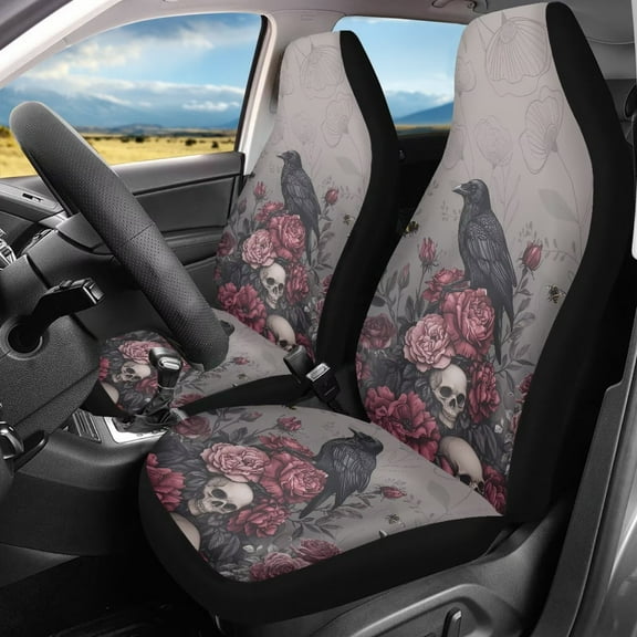 Binienty Crow Skull Car Seat Covers Set of 2 Auto Front Seat Covers Bucket Seats Protective Cover Easy to Install Removable Halloween Car Interior Decor