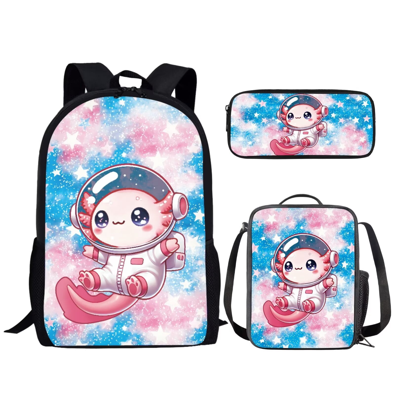 Binienty Cute Axolotl Backpack with Lunchbox for Girls 3 Pcs Astronaut School Bag 17 Inch Insulated Lunch Bag Zipped Pencil Case Set School Supplies