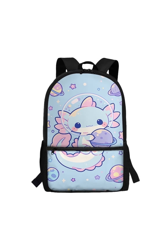 Cute Axolotl Space Print School Backpack for Kids Elementary Students 17 Inch Large Capacity Bookbag with Customizable Shoulder Straps Front Zipper Pocket for Back to School Gifts