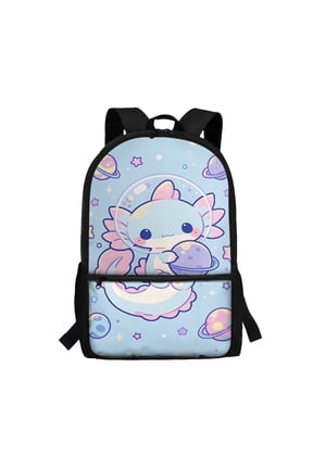 Cute Axolotl Space Print School Backpack for Kids Elementary Students 17 Inch Large Capacity Bookbag with Customizable Shoulder Straps Front Zipper Pocket for Back to School Gifts