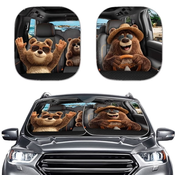Binienty Cute Bear Windshield Sun Shade Funny Foldable 2 Piece Car Interior Accessories Sun Protection Easy to Install UV Rays Reflector for Most Sedan Truck Van 28.5 x 25.5 inches