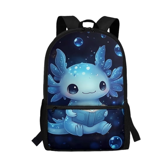 Binienty Cute Blue Axolotl School Backpack for Kids, Lightweight Bookbag with Padded Laptop Sleeve Front Pocket Side Mesh Pouches for Elementary Middle School Students Travel