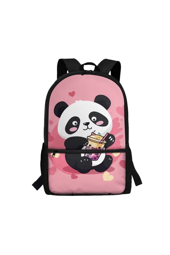 Cute Bubble Tea Panda Backpack for Primary School Kids Large Capacity 17 Inch School Bookbag with Adjustable Padded Straps Front Zipper Pocket Back to School Gifts for Students
