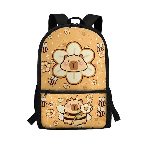 Binienty Cute Capybara Bee Print 17 Inch Kids School Backpack, Water Resistant Bookbag with Laptop Sleeve, Side Mesh Pockets for Elementary Primary School Students Daily Use