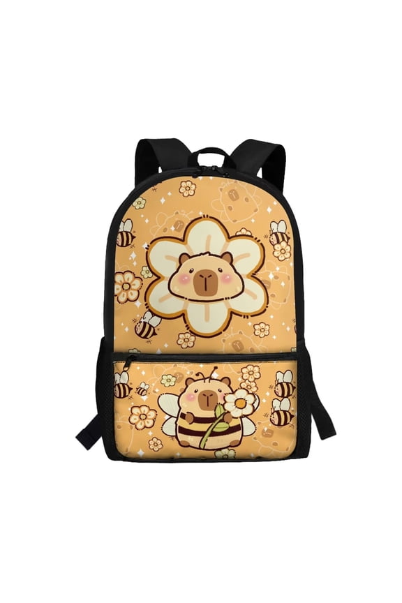Cute Capybara Bee Print 17 Inch Kids School Backpack, Water Resistant Bookbag with Laptop Sleeve, Side Mesh Pockets for Elementary Primary School Students Daily Use