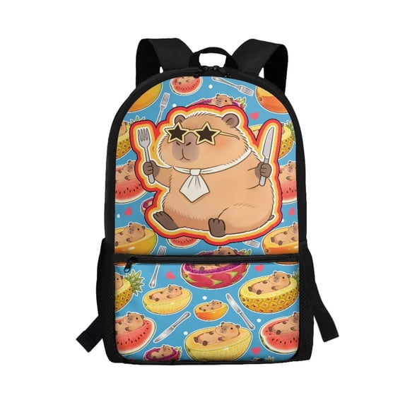 Binienty Cute Capybara Fruit Print School Backpack for Kids 7-14 17 Inch Adjustable Shoulder Straps Multi Exterior Pockets Lightweight Large Capacity Casual Travel Daypack Bookbag