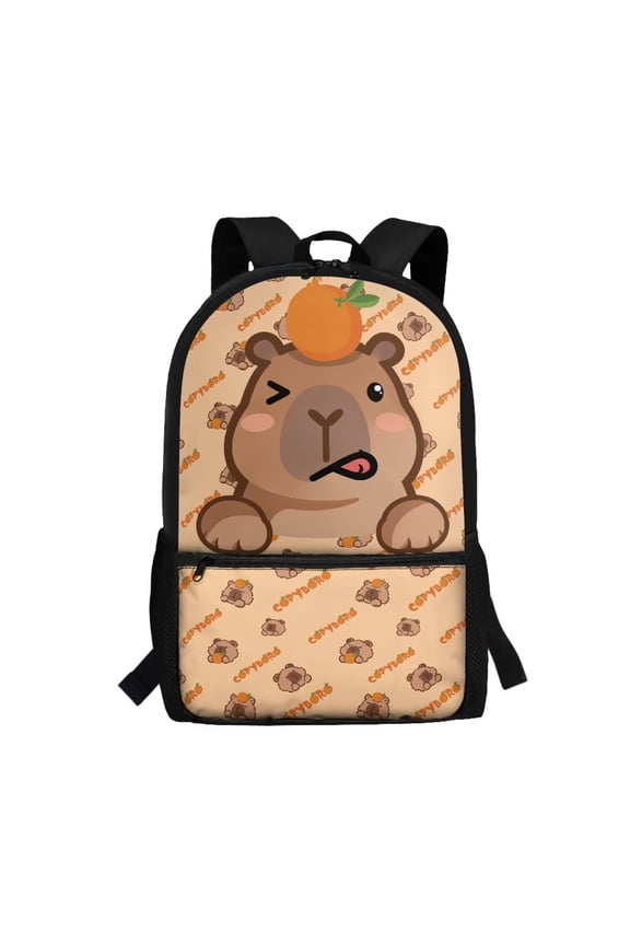 Cute Capybara Print 17 Inch School Backpack With Front Pocket, Mesh Side Pockets Lightweight Durable Book Bag for Teens Daily Commute Travel School Use