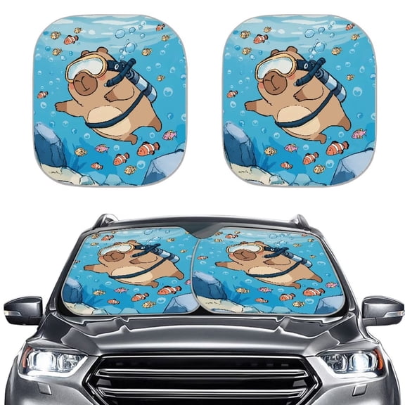 Binienty Cute Car Sun Shade Windshield Cartoon Capybara Car Interior Accessories Sun Protection Front Window Sunvisor UV Rays Blocker Universal Fit for Auto Truck Van SUV