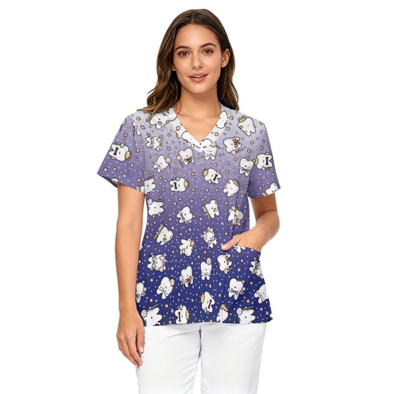Binienty Cute Cartoon Tooth Pattern Medical Scrubs Short Sleeve Soft, Scrub Top with Pockets for Women Nurses