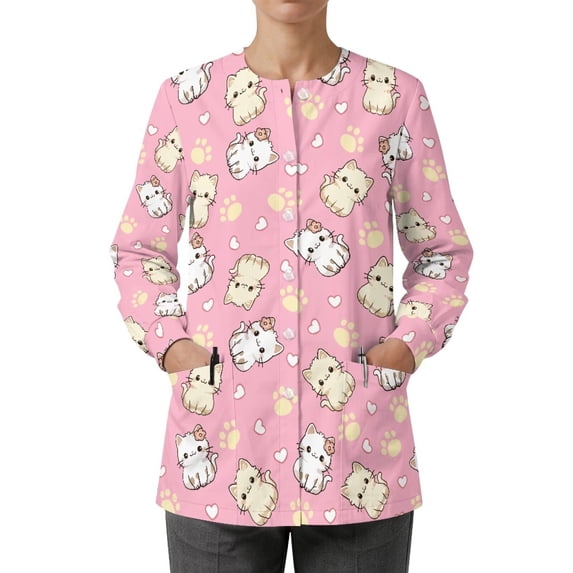 Binienty Cute Cat Women Long Sleeve Nurse Scrub Jacket Pink Soft Breathable Fabric, Snap Front Closure, Relaxed Fit, Suitable for Hospital, Clinic, Pet Care Work Use
