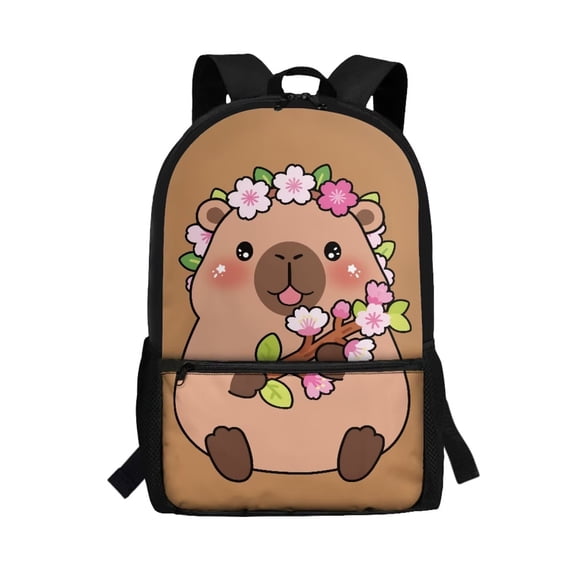 Binienty Cute Cherry Blossom Capybara School Backpack for Kids Primary Middle School Students Large Capacity Bookbag with Multi Outer Pockets Customizable Shoulder Straps Travel Daypack Gifts