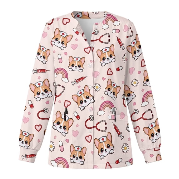 Binienty Cute Corgi Print Women Long Sleeve Medical Scrub Jacket Soft Wrinkle Resistant Fabric, Relaxed Fit for All Body Types, Suitable for Nurse, Dental, Veterinary Staff Daily Work Wear