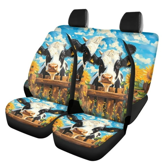 Binienty Cute Cow 2 PCS Front Car Seat Covers+2 Pieces Bench Seat Protector Pads Full Set Back Auto Pet Dog Protector Pads Auto Accessories Universal Fit for SUVs,Trucks,Vans,Cars