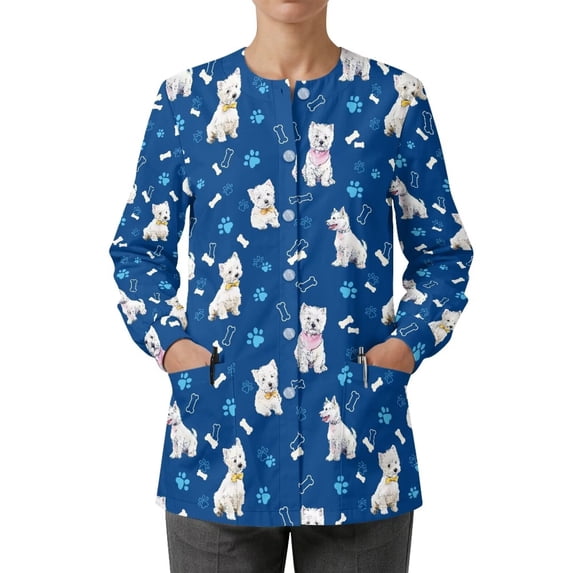 Binienty Cute Dog Long Sleeve Women's Medical Scrub Jacket Soft Wrinkle Resistant Fabric, Relaxed Fit for All Body Types, Suitable for Clinic, Veterinary, Nursing Work Daily Wear