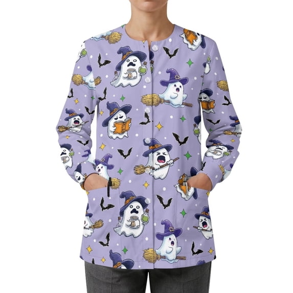 Binienty Cute Halloween Ghost Medical Jackets For Women Scrubs Long Sleeve Polyester Scrub Tops, 4-Way Stretch, for Vet Workers Nursing Students Registered Nurses Scrub Outfits, Breathable