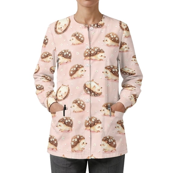 Binienty Cute Hedgehog Women's Stretch Fabric Scrub Jackets Breathable Crew Neck Medical Uniforms & Scrubs for Women Lightweight, for Dental Clinic Medical Assistants Vet Workers Custom Scrubs