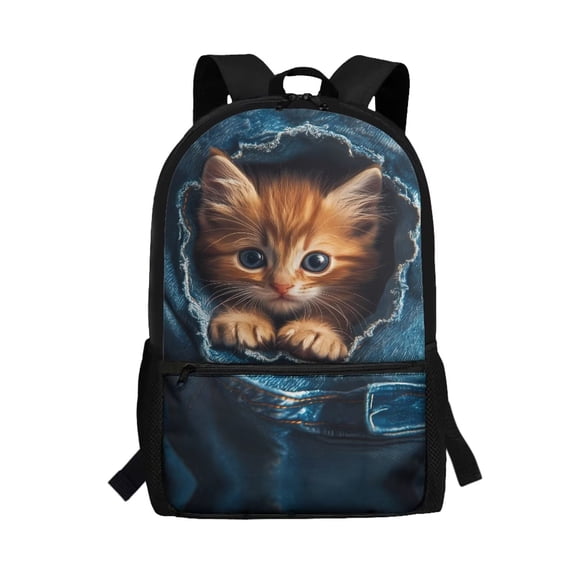 Binienty Cute Orange Kitten Print 17 Inch School Backpack for Teens, Sturdy Bookbag with Front Zip Pocket Side Mesh Pockets for School Supplies Storage Daily Use