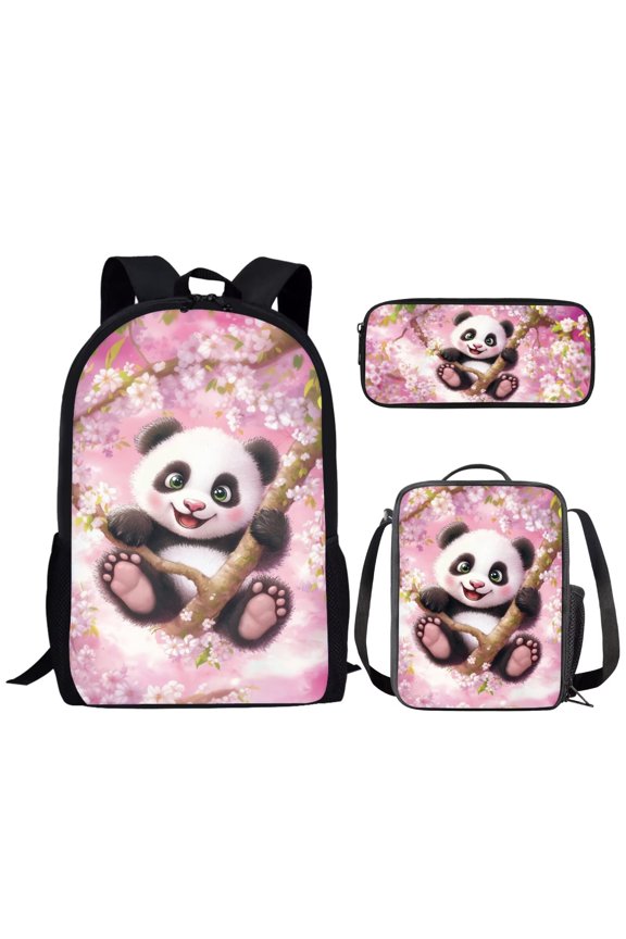 Cute Panda Backpack with Lunch Box and Pencil Case Set 3 Pcs for Girls Cherry Blossom School Bookbag Zipper Lightweight School Backpack Gifts for Children