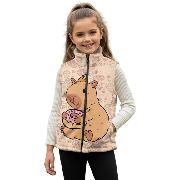 Binienty Cute Toddler Girls Vest Capybara Sweet Donut Sleeveless Jacket Full Zipper Lightweight Casual Vest Jacket Winter Warm Fluffy Vests Outwear with Pockets