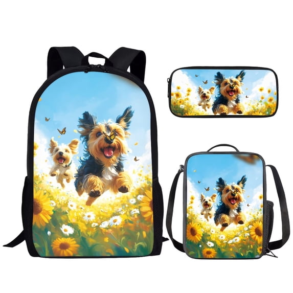 Binienty Cute Yorkshire Dog Bookbag for Girls Cute Kids Backpacks with Lunch Box and Pencil Case Set for Elementary Students School Bag for Girls 8-10 Kids Back to School Gifts