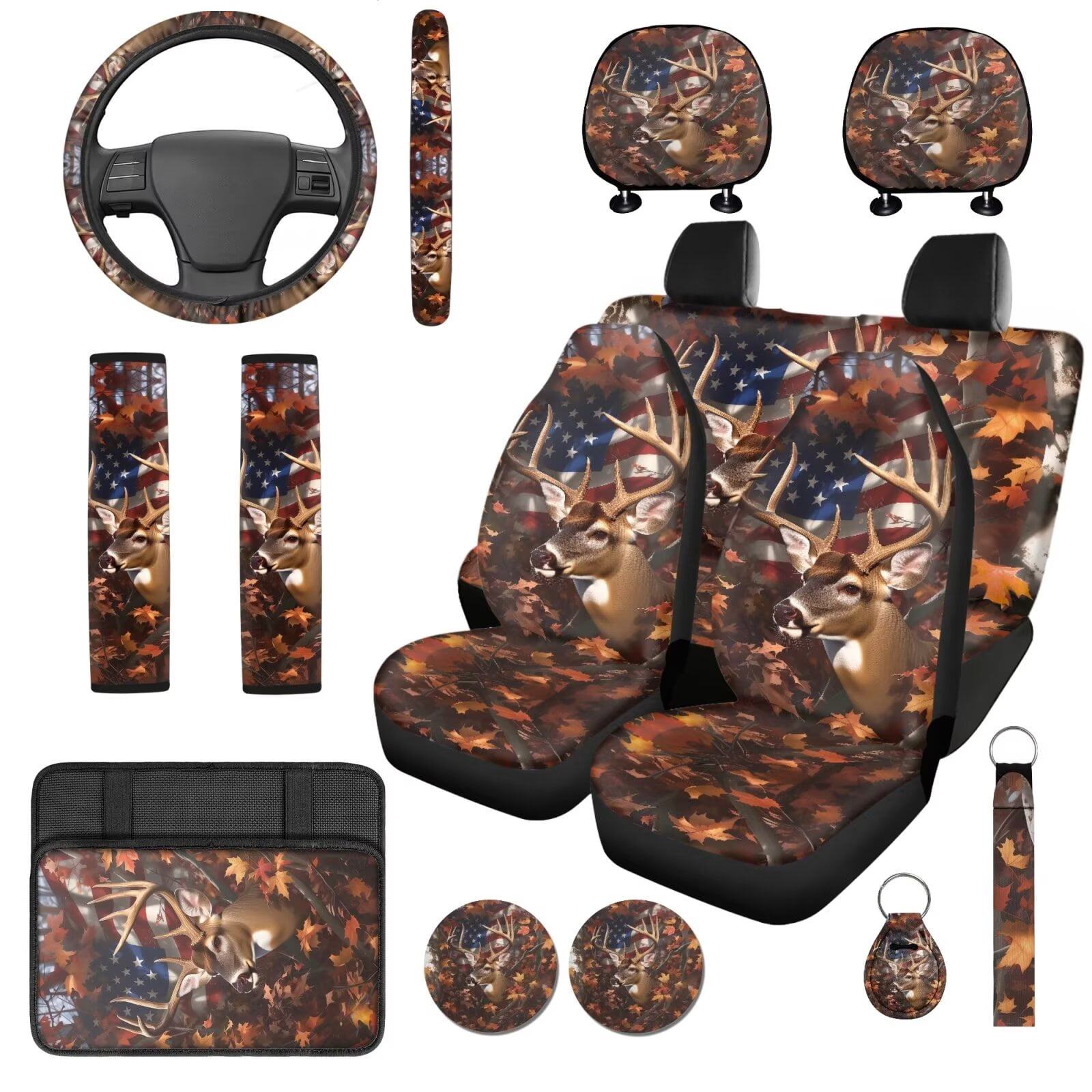 Binienty Deer Hunting Camo Auto Seat Covers Front And Backseat with Patriotic Automotive Steering Wheel Cover Cloth Armrest Cushion Pad Anti-Scratch Seat Headrest Cover 14 Piece Car Interior Decor