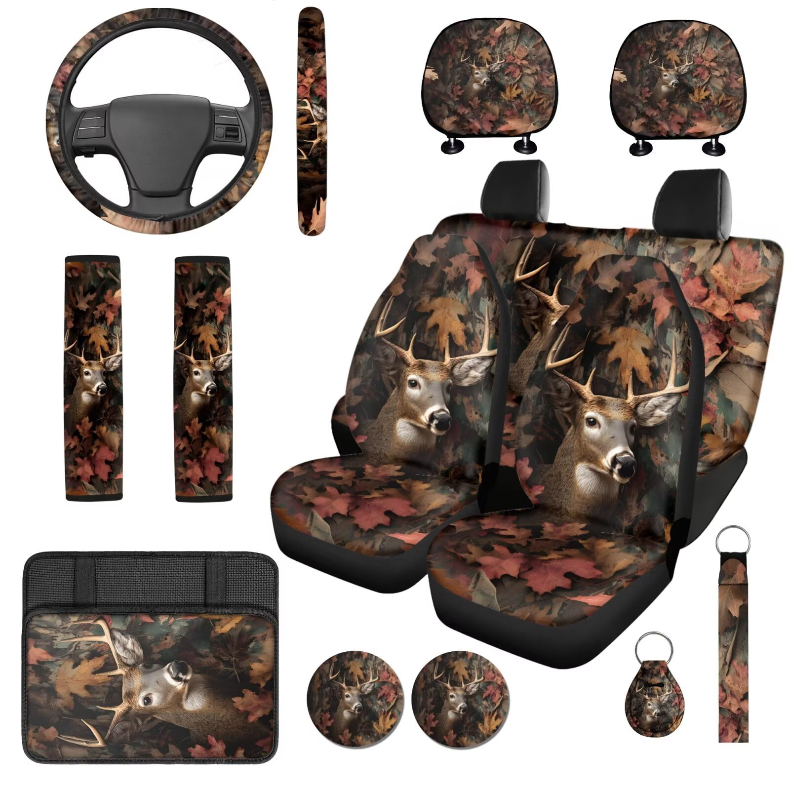 Binienty Deer Hunting Camo Car Seat Covers Full Set 14 Pack with Car Steering Wheel Cover Armrest Cushion Pad Headrest Covers Seat Belt Pads Vehicle Interior Accessories Set