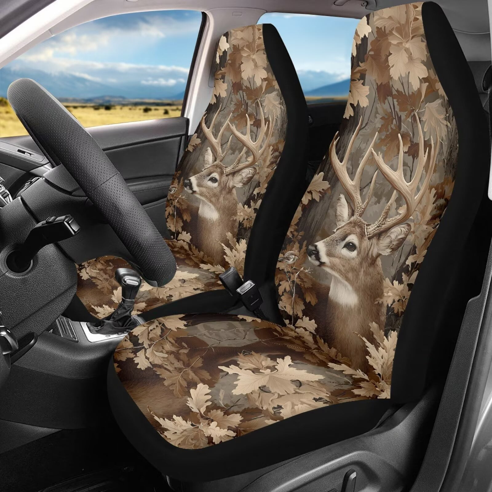 Binienty Deer Hunting Camo Car Seat Covers Full Set 2 Pack Elastic Cloth Vehicle Seat Protectors Washable Anti-Scratch Breathable Bucket Cushions Fit for Most Cars SUV Truck Van